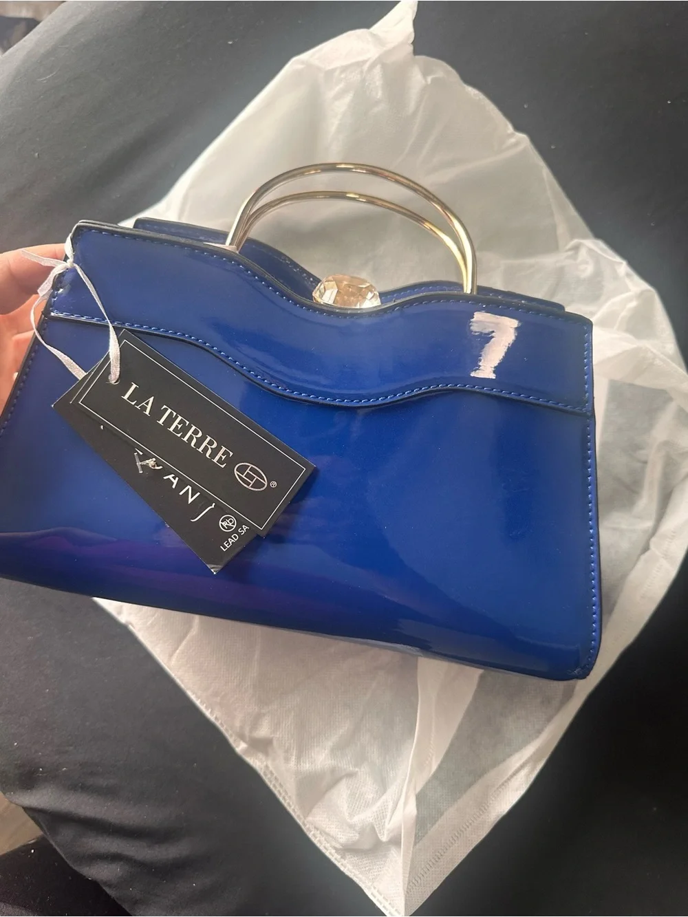 La Terre Blue Vegan Purse w Detachable Gold Chain Strap, Gem Clasp FANCY